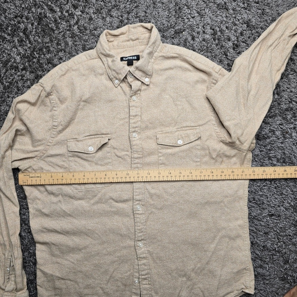 Express Mens Tan Cotton Flannel Button Down Shirt Long Sleeve Size M Tan Khaki - Picture 3 of 5